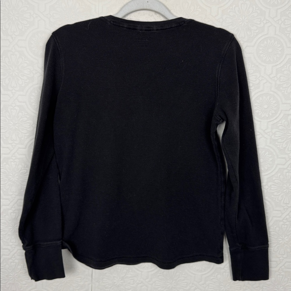 LL Bean Black Waffle Knit Henley Top Medium Long Sleeve Cotton Stretch Casual - Picture 7 of 7